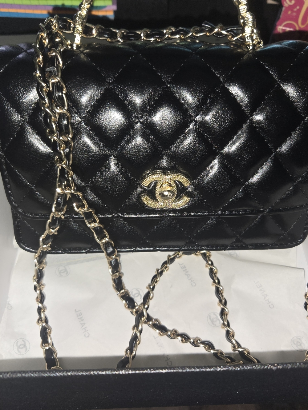 Black Quilted Leather Shoulder Bag with Gold Hardware
